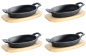 Preview: Gusseisenpfännchen -oval- mit 2 Griffen Ø 21 x 15,5 cm und Holzuntersetzer (4er Set)