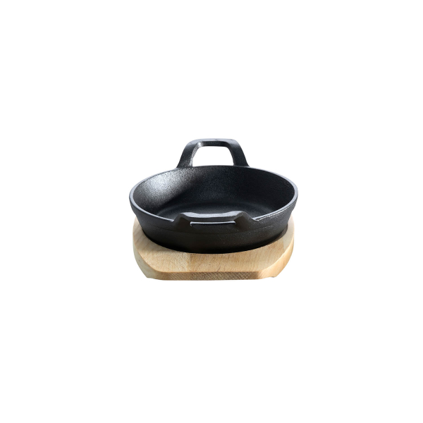 Gusseisenpfännchen mit 2 Griffen Ø 12 cm und Holzuntersetzer (2er Set)