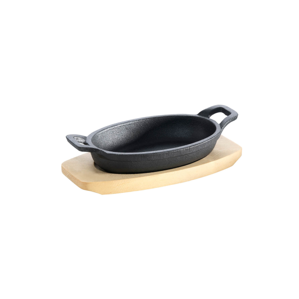 Gusseisenpfännchen -oval- mit 2 Griffen Ø 21 x 15,5 cm und Holzuntersetzer (2er Set)