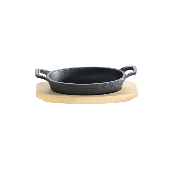 Gusseisenpfännchen -oval- mit 2 Griffen Ø 21 x 15,5 cm und Holzuntersetzer (4er Set)