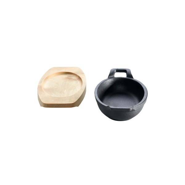 Gusseisenpfännchen -oval- mit 2 Griffen Ø 21 x 15,5 cm und Holzuntersetzer (4er Set)